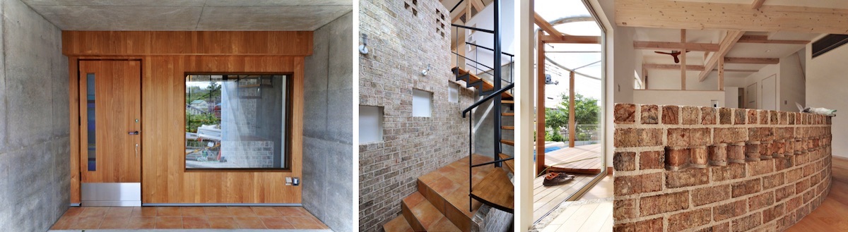 The underground garage entry, steel stair, brick wall with art niches and the living room looking out at the patio deck.